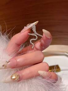 时尚蛇形可调节戒指，镶嵌闪亮水钻，设计独特，简约奢华，百搭个性开口戒指 - 如圖 - 查看 2