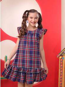 Junior Girl's Checkered Dress For June Festival, Light And Elegant, Flared - kotak-kotak/biru tua - View 16