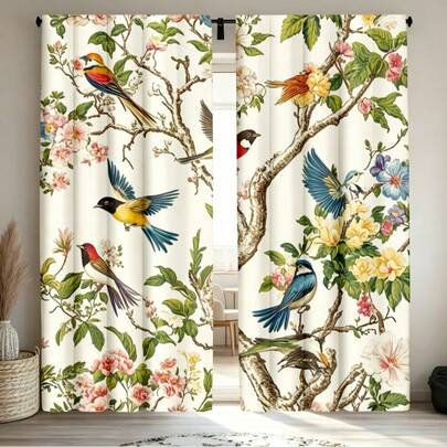 2pcs Classic Style Blackout Curtains, Tropical Jungle & Countryside Floral Bird Pattern, Polyester Decorative Drapes, Suitable For Living Room