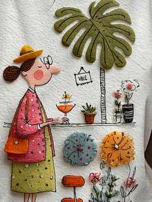 Blusa de mujer con estampado de collage 3D de manga corta y cuello redondo, casual de verano para vacaciones - albaricoque claro - Ver 5