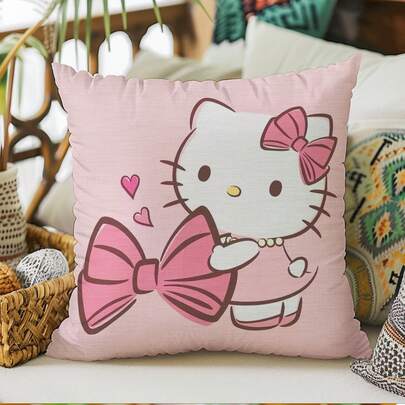 SANRIO 1个Hello Kitty可爱卡通沙发靠垫套 - 方形抱枕套，床枕套，卧室装饰枕套（不含枕芯）。单面印花（仅含枕套；不含内芯）。装饰性方形枕套 - 适用于节日装饰、沙发、卧室、床铺以及全年使用。