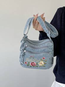 Mini Fashionable Floral Embroidered Jeans Multi-Pocket Crossbody Bag – Versatile Women's Shoulder Bag, Small Jeans Bag, Mom Bag With Adjustable Strap - Blue - View 5