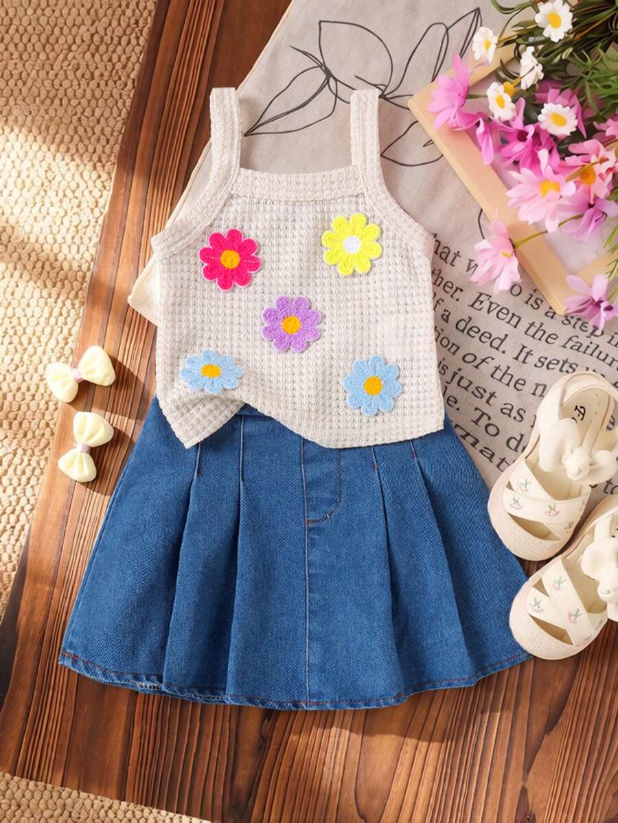 Bộ 2 món cho bé gái, gồm áo khoác và chân váy denim họa tiết hoa jacquard khoét rỗng dễ thương màu mơ, thích hợp cho mùa hè. - Màu be - Xem 1