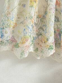 Baby Girl Colorful Floral Ruffle Strap Contrast Mesh Princess Dress, Vintage Style Suitable For Vacation & Beach, Summer - Apricot - View 9