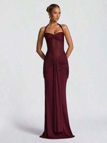 Sexy Spaghetti Strap Backless Waist Cinched High Slit Dress, Mesh Patchwork Vacation Party Dress Women's Fishtail Slim Fit Slip Dress Elegant Long Prom Dress For Spring & Summer - Màu Đỏ Sâu - Xem 9