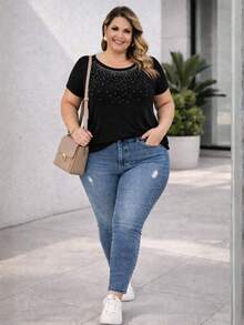 Plus Size Short Batwing Sleeve Blouse With Round Neck And Rhinestone Detail - Casual Chic Fabric - Comfortable Knit - Perfect For Everyday Urban Wear - Hitam - View 4
