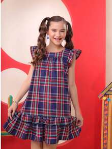 Junior Girl's Checkered Dress For June Festival, Light And Elegant, Flared - kotak-kotak/biru tua - View 12