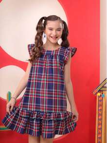 Junior Girl's Checkered Dress For June Festival, Light And Elegant, Flared - kotak-kotak/biru tua - View 15