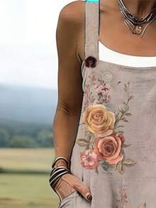 Women's Plus Size V-Neck Two Piece Set, Vintage Rose Floral Full Print Woven Fabric Overalls With Pockets, Machine Washable, Casual Vacation Outfit, Versatile For Daily Wear & Sports - 彩色 - 查看 3