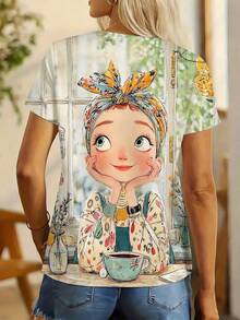 可爱女孩插画卡通3D印花T恤，女士休闲圆领短袖夏季T恤 - 淺杏色 - 查看 2