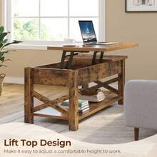 Coffee Table 47.2" 2 Way Lift Top with Hidden Compartment Lift Top Coffee Table with Open Shelf and X Wooden Support Center Table for Living Room Rustic Brown - Marrón rústico - Ver 3