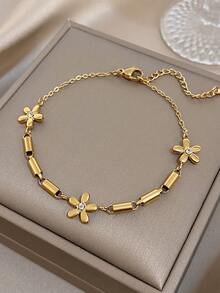 1 chiếc vòng tay dây xích đính đá Zirconia hình hoa thanh lịch, mạ vàng 18K, dạng ống tròn, bằng thép không gỉ, dành cho nữ, phong cách mùa hè, bohemian, trang sức thép không gỉ đi biển, mùa nghỉ mát, quà tặng cho mẹ, thích hợp cho các buổi tiệc tùng, hẹn hò, đám cưới, lễ tình nhân, kỷ niệm, lễ hội âm nhạc, Giáng sinh, lễ Phục sinh. - Nhiều màu - Xem 2