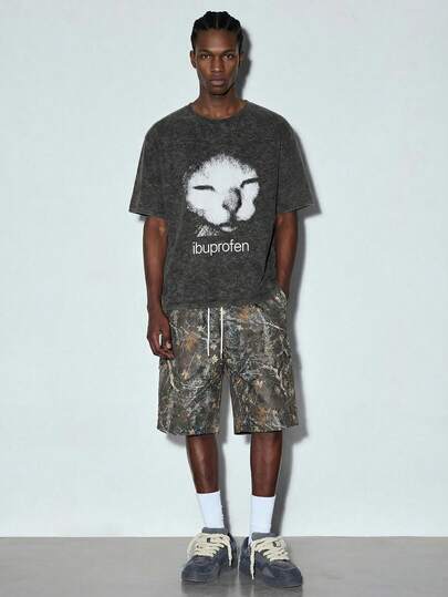 Modcrash 男士时尚百搭休闲趣味拉法帽印花圆领雪花印花T恤，夏季