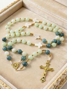 GO2CJBEADS 1pc Natural Stone Beads Cross Rosary Necklace, Vintage Classic Beaded Cross Pendant Religious Jewelry For Women - Z0698A - View 2