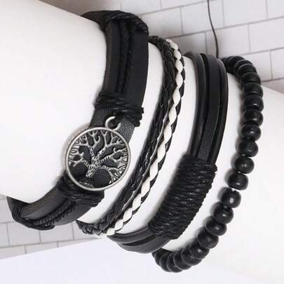 Conjunto de pulseras de cuero multicapa para hombres, pulseras envolventes trenzadas con dije del árbol de la vida, pulseras apilables vintage punk para uso diario