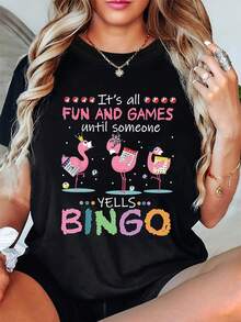 Talla Grande - Talla Grande - Camiseta de Mujer de Manga Corta y Cuello Redondo con Estampado Divertido de Juego de Bingo de Flamencos para Primavera y Verano - Negro - Ver 1