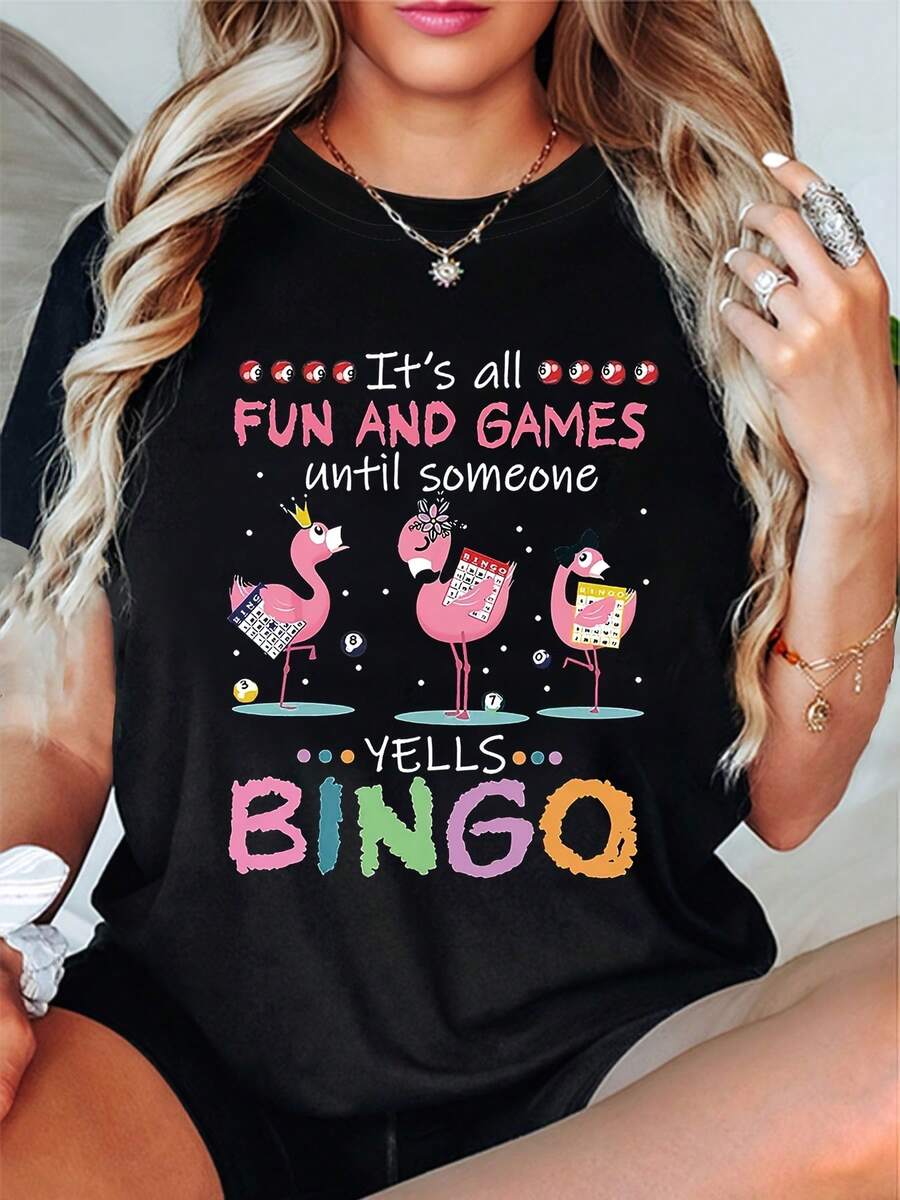Talla Grande - Talla Grande - Camiseta de Mujer de Manga Corta y Cuello Redondo con Estampado Divertido de Juego de Bingo de Flamencos para Primavera y Verano - Negro - Ver 1