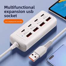 8-Port USB Hub With 4 USB Ports And 4 PD Ports | 25W Fast Charging, Compatible With 5V USB Devices | Compact Charging Station For Computers, Laptops, Tablets, 8-In-1 Multi-Function Interface, 4 USB Ports And 4 Type-C Ports, PD Fast Charger, Multi-Port Outlet - White - View 5
