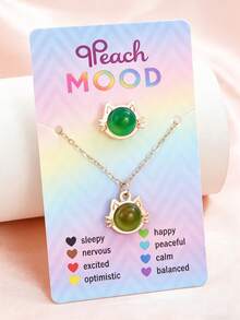 2pcs Temperature-Sensitive-Color-Changing Cat Heart Unicorn Round Shape Pendant Necklace-Ring Girls Jewelry Gift Set - Multicolor - View 12