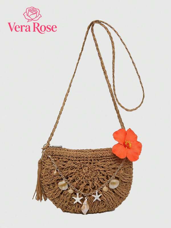 Unique Classic Fashion Minimalist Vacation Style Straw Bag, Distinctive Hollow Weaving Shell Star Chain Decor Shoulder Crossbody Messenger Bag, Casual Commute Shopping Date Suitable
