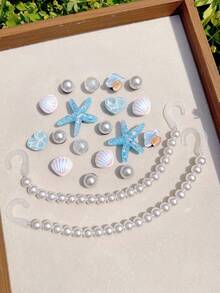 20pcs Blue Sequin Starfish, Colorful Shells, Pearl Chains, Water Ripple Heart ABS Resin Shoe Charms DIY Detachable - Personalized Footwear Style - Blue - View 5