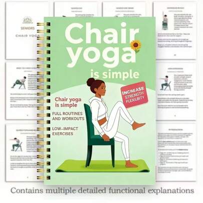 Kế hoạch và nhật ký tập luyện Yoga trên ghế giảm cân 28 ngày - Hướng dẫn thể dục minh họa 50 trang, bao gồm các bài tập Yoga hàng ngày, kế hoạch ăn uống và theo dõi tiến độ - Sổ tay nhỏ gọn 5.5"X8.3" phù hợp cho phòng tập tại nhà, từ người mới bắt đầu đến người tập Yoga trên ghế nâng cao, món quà lý tưởng cho sức khỏe và giảm cân, gáy xoắn với chữ mạ vàng và họa tiết Yoga.