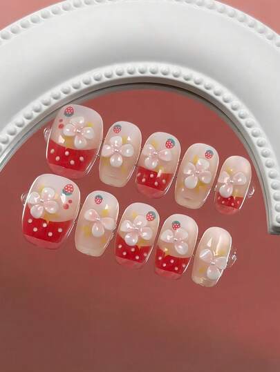10pcs Handmade Acrylic Short Coffin Fake Nails, Red French Style Nails, Polka Dot Nails, Strawberry Pattern Nails, 3D Carved Nails, Cute Nails, Short Nails, Removable Nails, Suitable For Party, Dance, Daily Wear, Student Party, Cosplay, Reusable With Glue And Nail File DIY Manicure Supplies