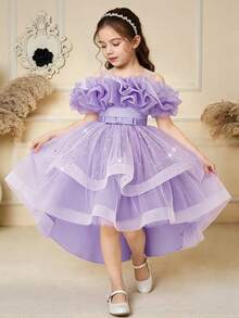 Young Girls' Sleeveless Sequin Pleated Satin & Mesh Elegant Trailing Formal Dress, Suitable For Important Occasions, Birthday Parties, Without Headband - Purple - View 5