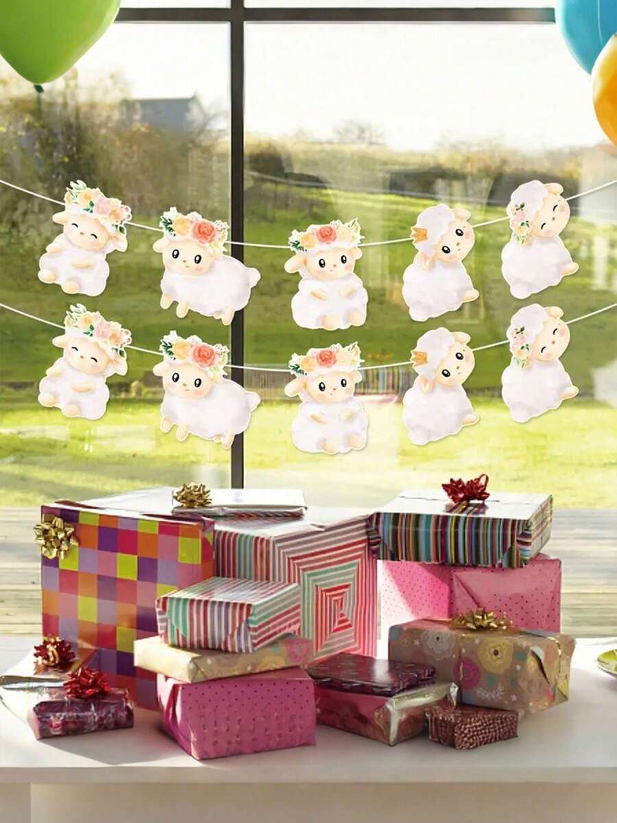 2PCS Cute Cartoon Sheep Printed Pull Flag Eid Mubarak Farm Theme Banner For Birthday Eid Al Adha Celebrations Atmosphere Scene Props And Decorative Banners - One Size - View 1