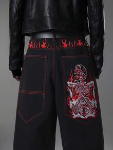 Jeans a gamba larga neri da uomo, design stile coreano con tasche grandi personalizzate, ricamo multicolore e cuciture a contrasto rosse, moda versatile per tutte le stagioni, pantaloni lunghi casual e comodi (cintura e accessori non inclusi) - nero - Visualizzare 5