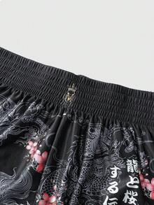 樱花龙纹印花二合一短裤，男士街头拳击裤，日式休闲宽松裤 - 黑色 - 查看 3