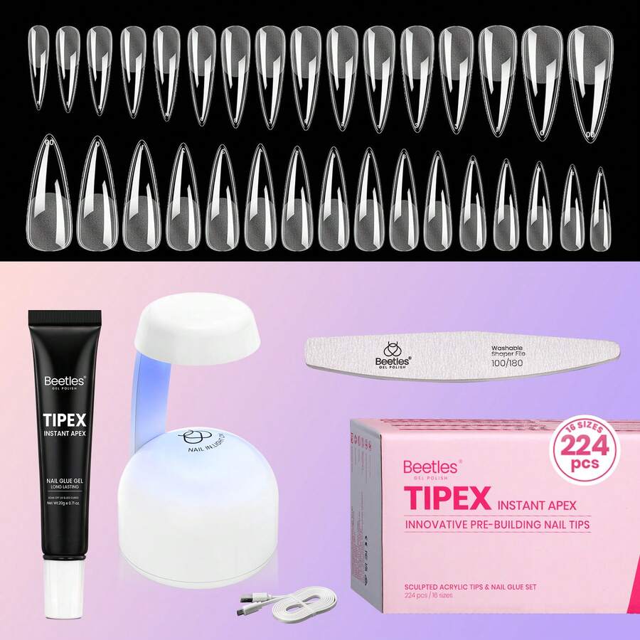 Kit de puntas de uñas Beetles Tipex Lite Pre-Built Apex, Stiletto Medium, con pegamento de uñas Tipex, Kit de uñas de gel todo en uno - Kit de uñas Stiletto Long 224 piezas (Tipex Nail Kit) - Ver 1