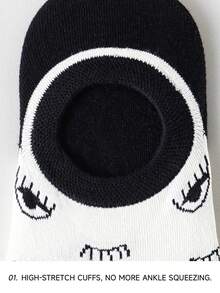 1双男士黑白眼睛图案抽象艺术设计透气棉混纺防滑船袜，适合旅行、居家、办公、节日送礼 - 黑與白 - 查看 6