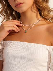Bộ 2 dây chuyền mặt dây chuyền hình trái tim hai lớp lấp lánh màu bạc, đính đá Zirconia xanh lấp lánh. - Bạc - Xem 2