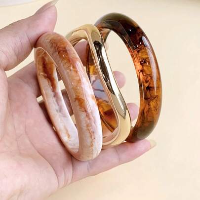 Bộ 3 món phong cách Boho cổ điển: Vòng tay acrylic nhiều lớp dày màu nâu, vòng tay ABS lượn sóng vàng, cao cấp sang trọng, phù hợp cho nữ giới, các cặp đôi, dự tiệc và đeo hàng ngày.