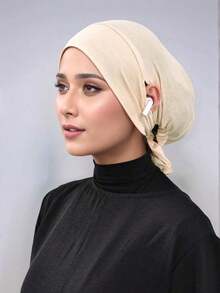 1pc Women Plain Color Earhole Hijab Cap, Lightweight Elastic Tied Headband Hijab Accessories, Hijab Cap, White Scarf, Head Scarf, Turban Scarf, Fashionable Minimalist Breathable Can Wear Headphones Small Cap Scarf For Women, Suitable For Daily Use Or As A Gift For Family And Friends Hair Sleep Cap Sleep Bonnet - 多色 - 2 件裝繫帶帽 - 查看 6