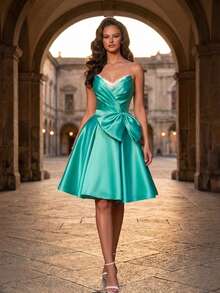 Stylish Strapless Ball Gown For Women, Sleeveless Knee-Length Flared Skirt Party Dress, Backless Wrap-Around Zipper Detail. Wedding Spring - Green - View 6
