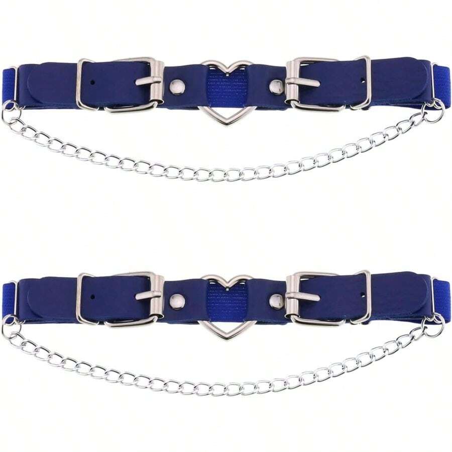 YunPeng Women's Adjustable Leather Leg Garter Belt, Gothic Heart With Chains Leg Thigh Elastic Garter 2PCs - Xanh đậm - Xem 1