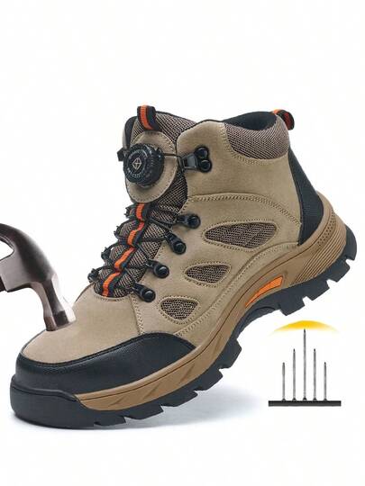 Men's Safety Boots, Anti-Smash Anti-Puncture Plus Size Outdoor Work Shoes, High-Top Hiking Boots, Black, Rubber Sole, Suitable For Outdoor, Mining, Construction, Hiking, Spring, Autumn And Winter