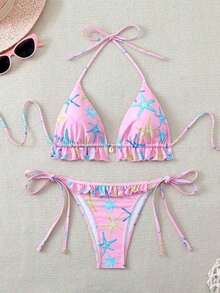 Swim Mod Women's Swimsuit, Two-Piece Bikini Set With Halter Neck, Ruffles And Bow In Solid Color For Summer - 彩色 - 查看 3