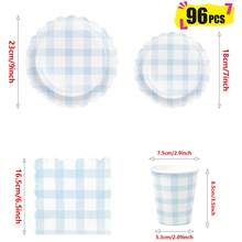 蓝白格纹花瓣形一次性餐盘、餐巾纸、杯子套装，派对用品，可供24位客人使用，一次性纸盘，派对餐具，适用于生日、婚礼、聚会、家庭野餐等场合。 - 款式2 - 查看 8
