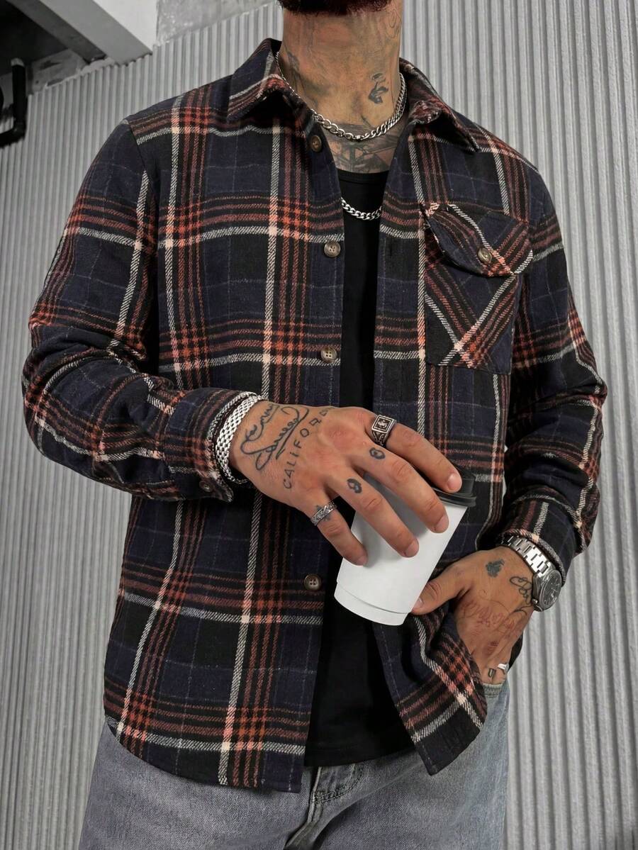 男士重磅格纹衬衫，撞色格纹纽扣上衣，现代都市实用长袖衬衫，优质厚面料落肩休闲街头法兰绒衬衫 - 彩色 - 查看 1