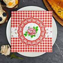 IOOJA 20/50pcs 2-Ply Unfolded Size 33*33cm Red Plaid Rose Print Party Napkins, Disposable Tissue Paper Suitable For Theme Parties, Essential For Company Events, Friends Gatherings - Multicolor - View 1