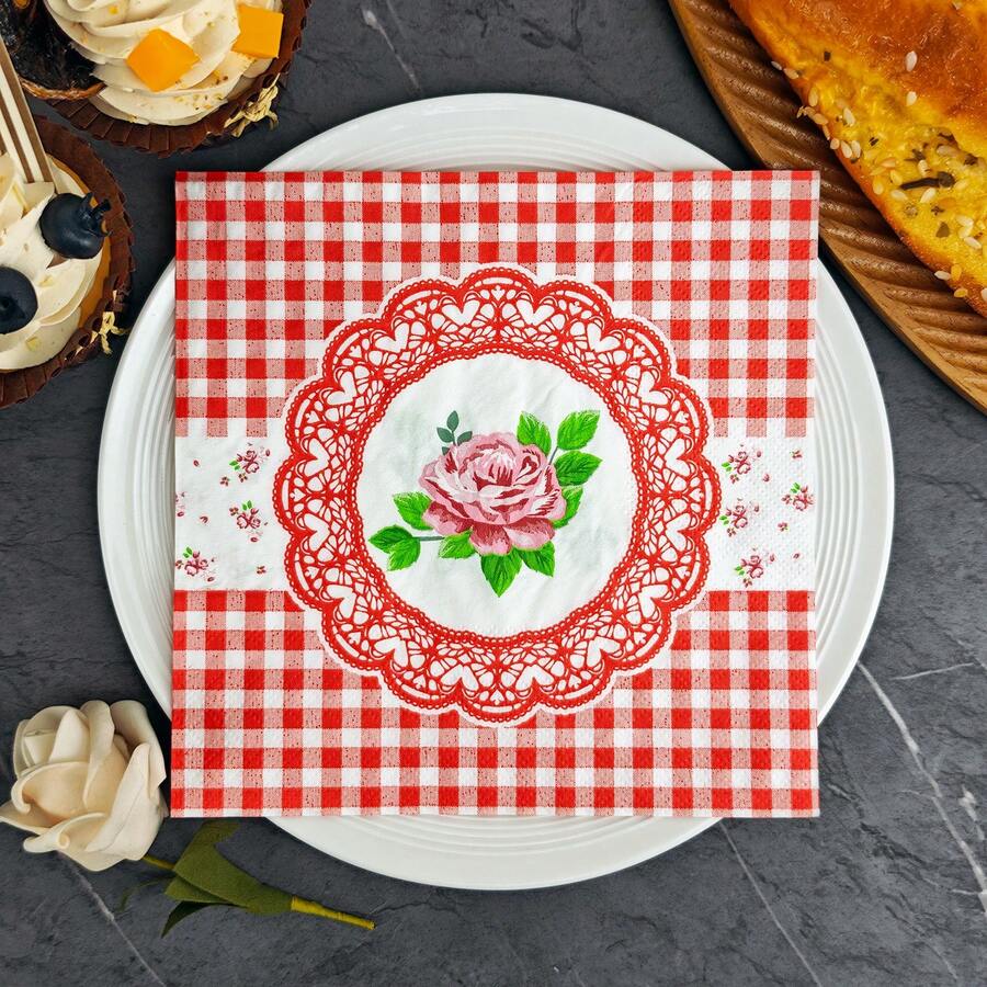 IOOJA 20/50pcs 2-Ply Unfolded Size 33*33cm Red Plaid Rose Print Party Napkins, Disposable Tissue Paper Suitable For Theme Parties, Essential For Company Events, Friends Gatherings - Multicolor - View 1