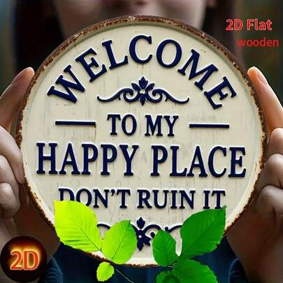 2D Flat - 2D Flat Iron Welcome Sign - "Welcome To My Happy Place, Please Do Not Disturb" - Size 8X8 Inches, Vintage Wall Art With Floral Decor, Suitable For Home, Porch, Garden, Cafe, Bar, Pre-Drilled Holes, Style As Shown In Size Image