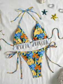 Swim Mod Women's Swimsuit, Two-Piece Bikini Set With Halter Neck, Ruffles And Bow In Solid Color For Summer - 多色 6 - 查看 10