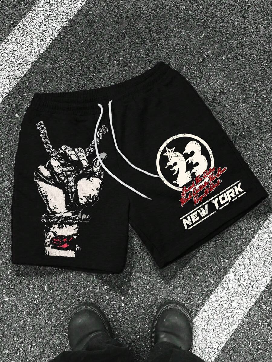 Quần short đen nam phong cách đường phố INS High Street với họa tiết chữ số và chữ cái sáng tạo. - màu đen - Xem 1