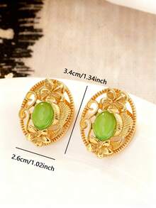 1 par de pendientes de botón con hoja ovalada de núcleo verde, pendientes de flor tallada hueca, accesorio elegante para el trabajo y uso diario - Verde - Ver 5