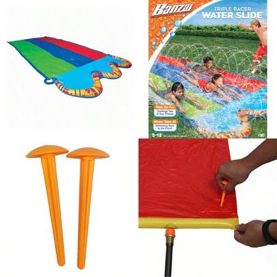 BANZAI Triple Racer Tobogán acuático Longitud: 15 pies Ancho: 82 Pulgadas Inflable para Patio Trasero Juguete para Salpicaduras