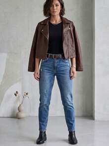 Women's Luxury Faux Leather Biker Jacket With Zipper - 鏽棕色 - 查看 2